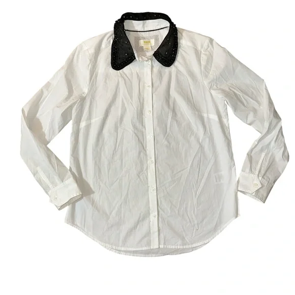 Anthropologie Maeve White Shirt with Black Sequin Collar - Picture 3 of 9